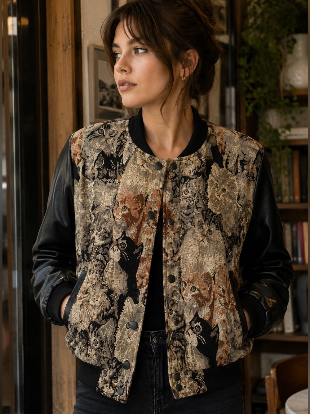 Cat Tapestry Bomber Jacket Faux Leather Sleeves Novelty Kitten Jacket L